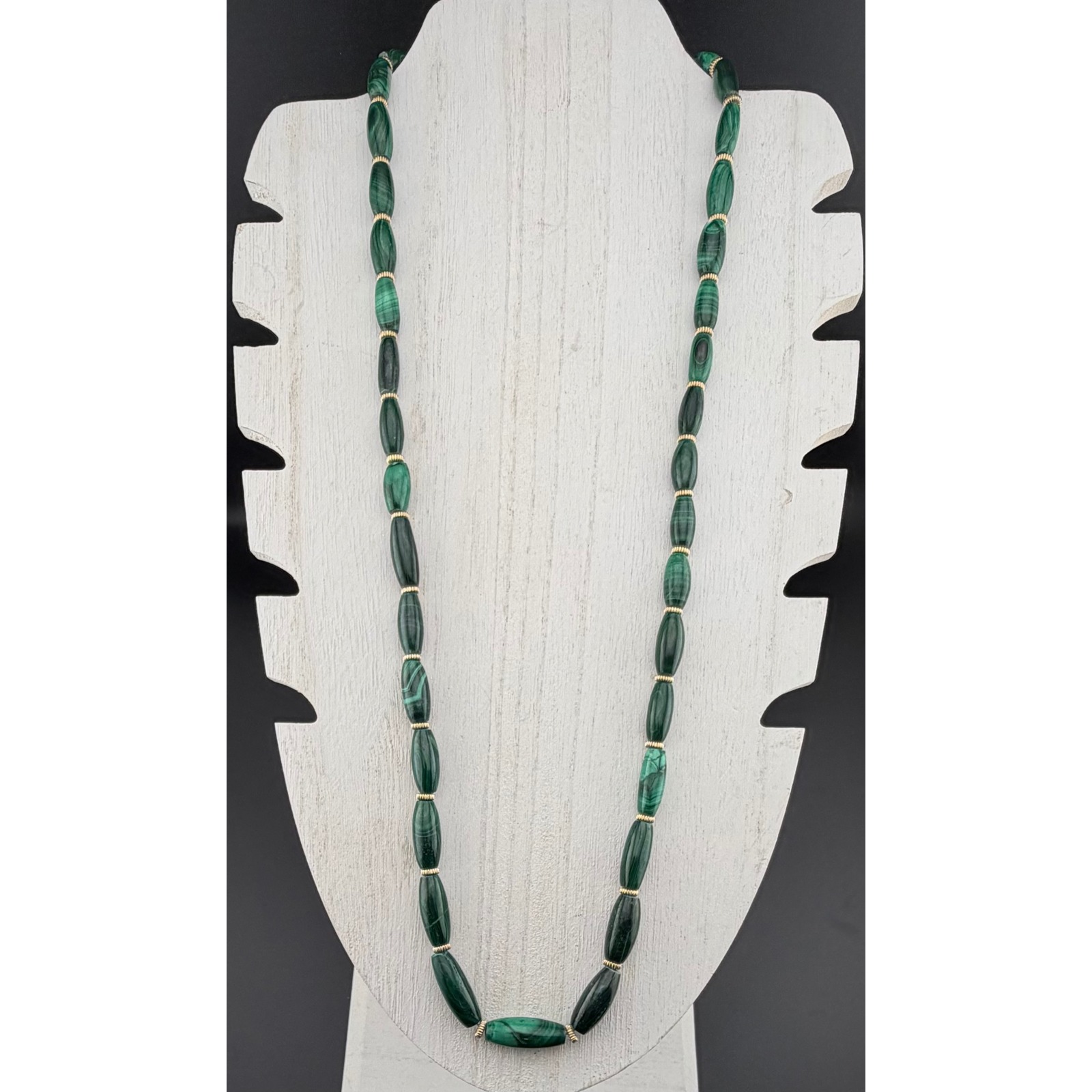 Vintage Malachite Necklace 27" Green Polished Barrel Beads Boho Natural Read